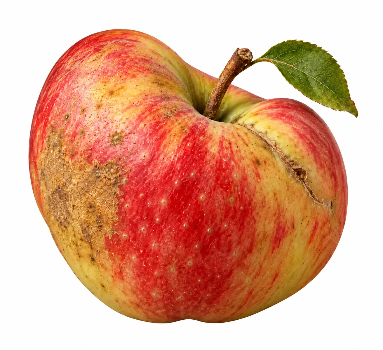 Unperfekter rot-goldener Apfel mit rauen Schalenstellen – illustrative Darstellung