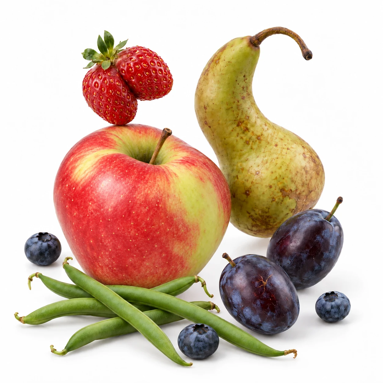Unregelmässiger Apfel, Birne, Erdbeere, Zwetschgen, Blaubeeren und grüne Bohnen – KI-generiertes Sortimentmotiv